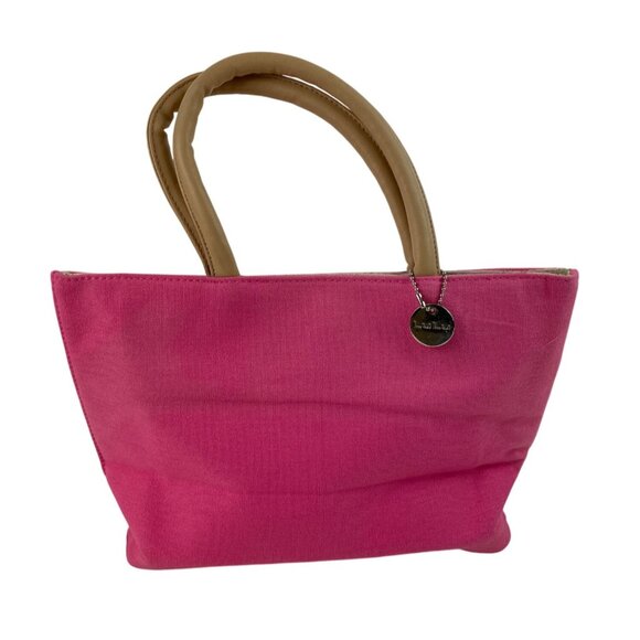 LuLu Handbags - LuLu Pink Canvas & Faux Leather Tote Bag With Beige Handles